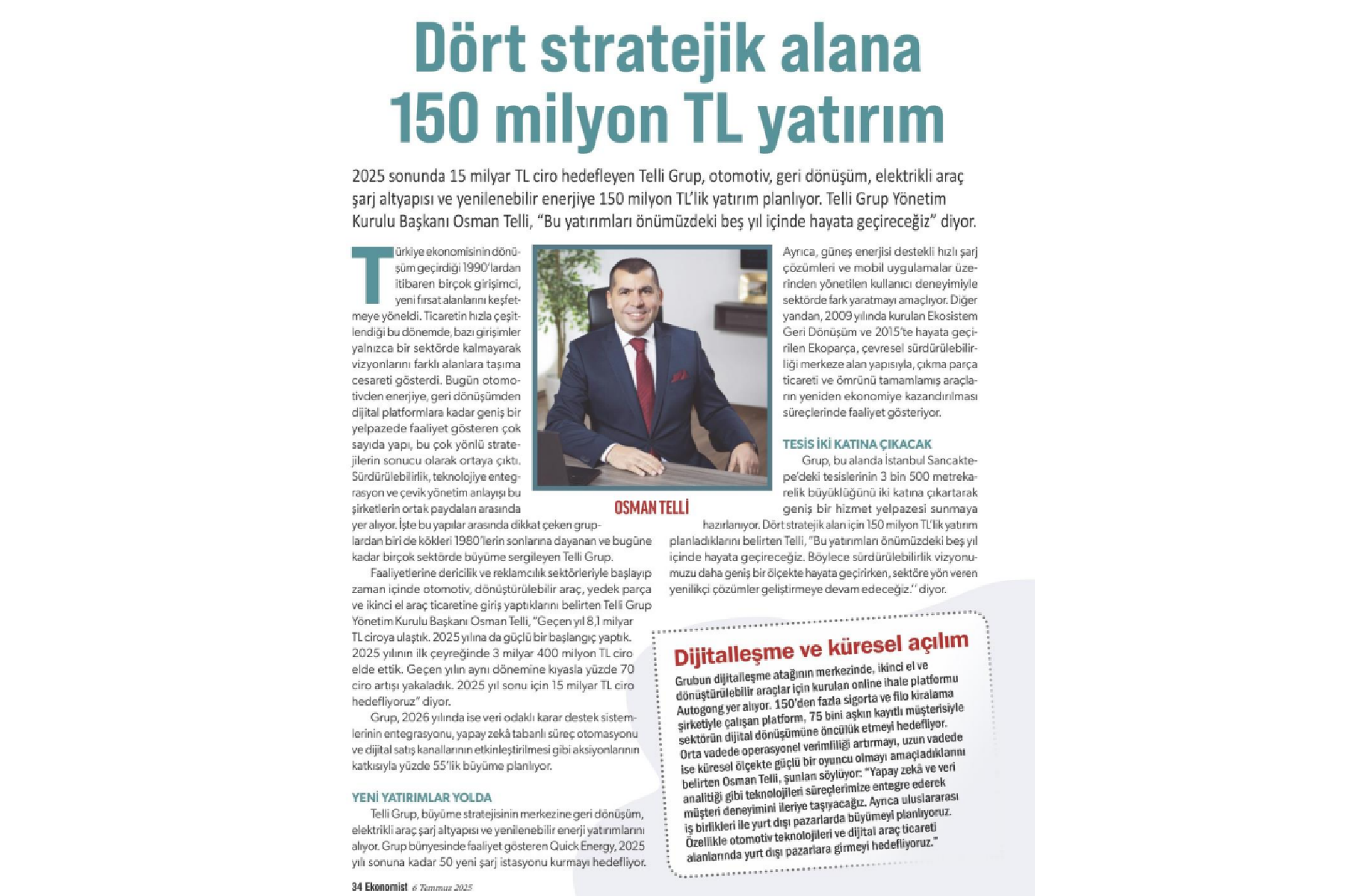 Telli Grup’un 150 Milyon TL’lik Yatırım Planı Ekonomist Dergisinde Yer Aldı. | Autogong Gündem | Autogong